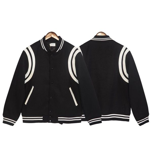 

mens jacket rhude double white stripe stitching contrast woolen women coat high street baseball uniform, Black