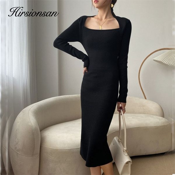 

casual dresses hirsionsan womens autumn winter uneck vintage elegant high waist sexi knited female balck long dress 220906, Black;gray