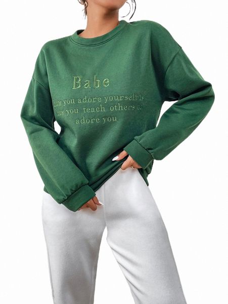 

women's hoodies & sweatshirts slogan embroidery drop shoulder sweatshirt g6yb#, Black