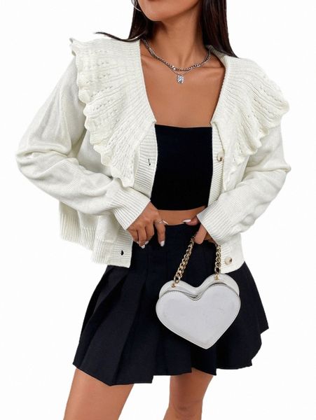 

women's sweaters scallop trim statement collar raglan sleeve cardigan v3ut#, White;black
