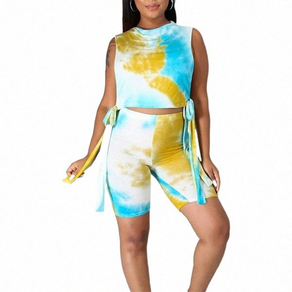 

women's tracksuits women's tracksuits women summer two-piece clothes set fashion bandage tie-dyed printed round collar crop and s, Gray