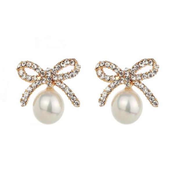

2020 new high-grade 18k gold-plated hypoallergenic female earrings exquisite zircon bow female pearl earrings fashion cute girl ea286s, Golden;silver