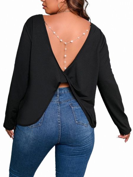 

plus size t-shirt plus pearl chain detail open back scoop neck tee f28y#, Black