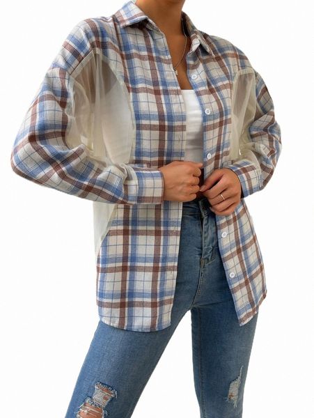 

women's blouses & shirts plaid print drop shoulder shirt m3rd#, White
