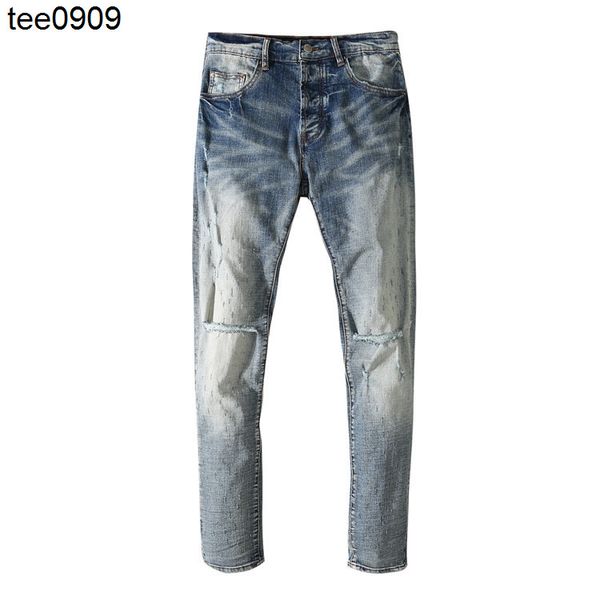 

off jeans new personalized knee knife cut hole jeans men's elastic slim fit, Blue