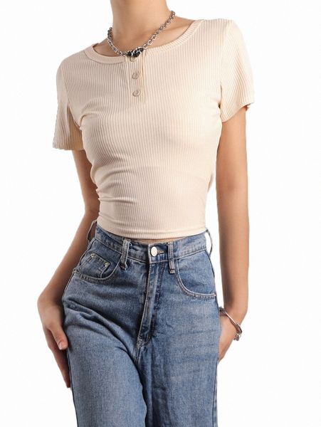

women's t-shirt half button placket rib knit tee 010u#, White