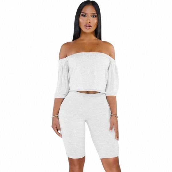 

women's tracksuits summer casual off shoulder two piece set women crop and shorts tracksuits solid matching sets outfits sweatsuit 202, Gray