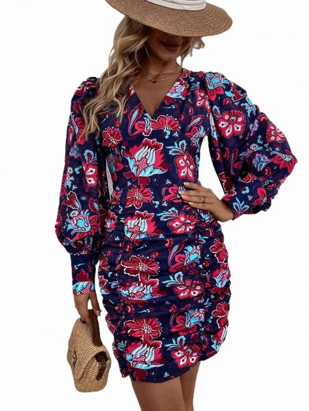 

casual dresses floral print bishop sleeve ruched bodycon dress v1g7#, Black;gray