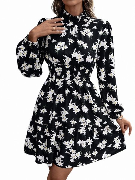 

casual dresses floral print shirred ruffle hem dress k9zy#, Black;gray