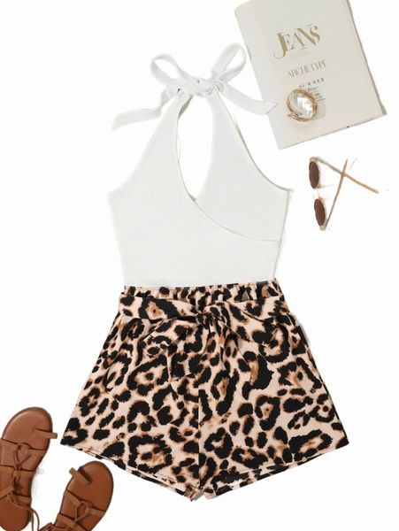 

women's jumpsuits & rompers leopard tie backless halter romper e5it#, Black;white
