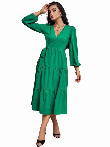 

casual dresses lantern sleeve tie side layered hem wrap dress h5hc#, Black;gray