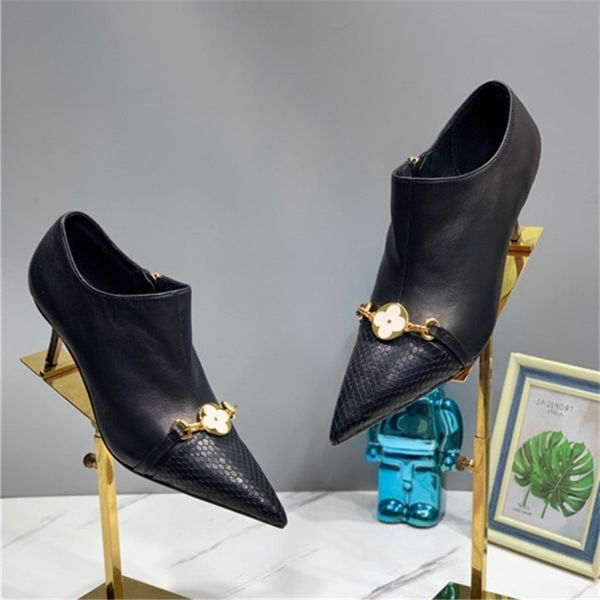 

new autumn and winter high-heeled boots leather stitching metal buckle retro classic ankle boots size 34-39, Black