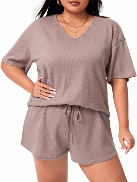 

plus size dresses plus drop shoulder tee & drawstring waist shorts set v3lq#, Black