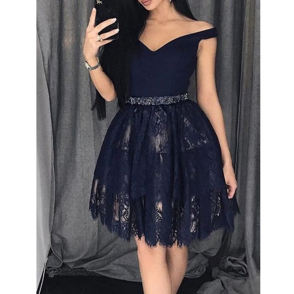

navy blue lace homecoming dresses v neck off shoulder short prom dresses black mini party gowns zipper up, Blue;pink