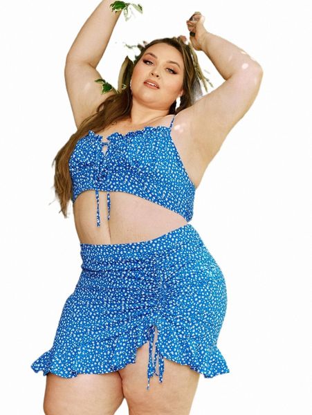 

plus size dresses x srv plus ditsy floral frilled crop cami & drawstring ruffle hem skirt o1cn#, Black