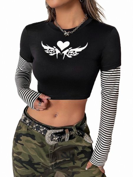 

women's t-shirt heart & wing print crop tee 2022 new k7ea#, White