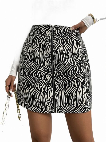 

skirts high waist zebra striped zipper fly straight skirt a8xu#, Black