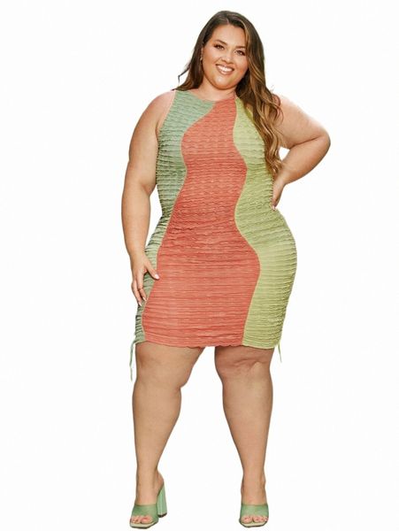 

plus size dresses x srv plus colorblock lettuce trim ruched knot side tank dress 37kp#, Black