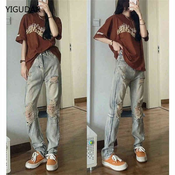 

women's jeans korean chic summer light blue high waist loose straight personality ripped wide leg jeans mop pants for women t220825