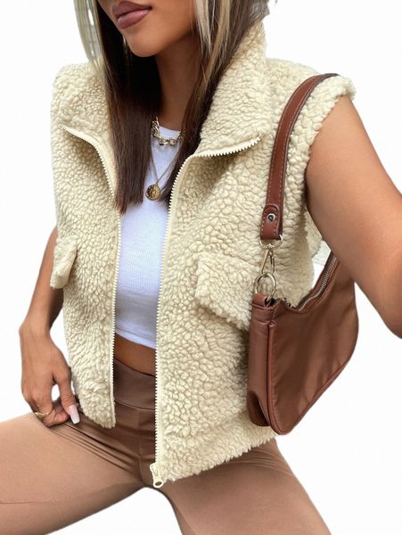 

women's jackets flap detail zipper vest teddy jacket k4np#, Black;brown