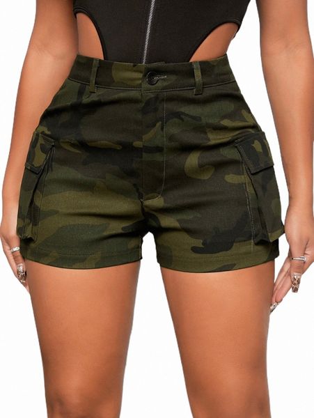 

women's shorts sxy camo print flap pocket shorts 891d#, White;black