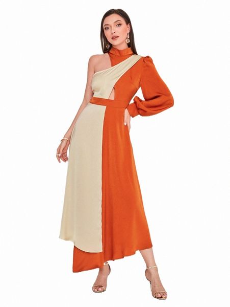 

casual dresses two tone asymmetrical shoulder cut and sew dress 78s5#, Black;gray