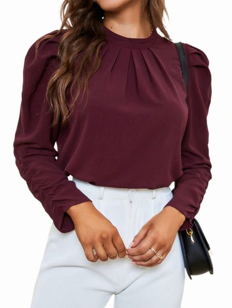 

women's blouses & shirts solid keyhole back puff sleeve blouse c686#, White