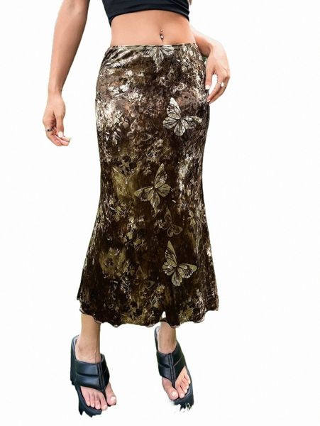 

skirts grunge high waist butterfly print lettuce trim velvet skirt t16y#, Black