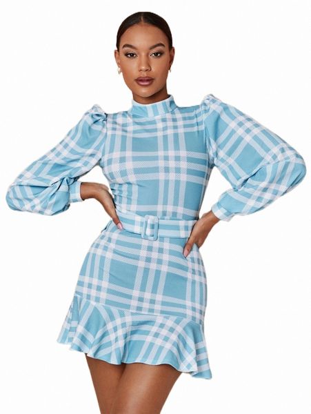 

casual dresses plaid print puff sleeve ruffle hem belted dress n3el#, Black;gray