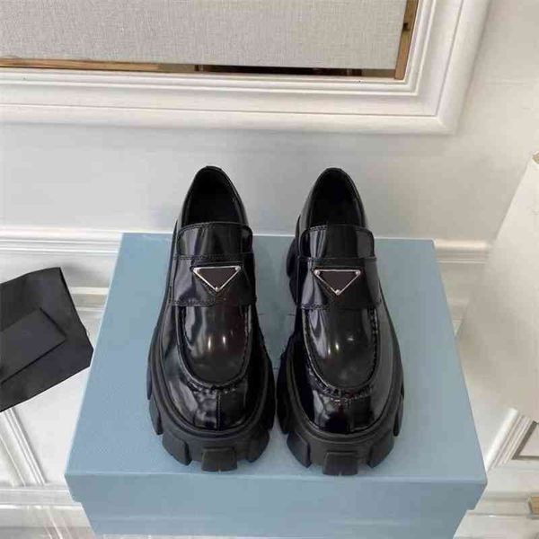 

dress shoes p's triangular logo lofook shoes women's leather thick soled sponge cake british style small with medium heels one foo, Black