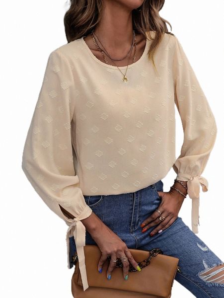 

women's blouses & shirts solid swiss dot knot cuff blouse m9wi#, White