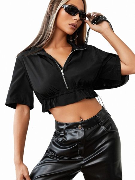 

women's jackets drawstring hem zip front crop jacket r991#, Black;brown