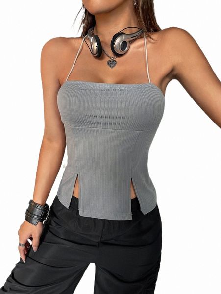

women's tanks & camis tie backless -slit hem halter r07h#, White