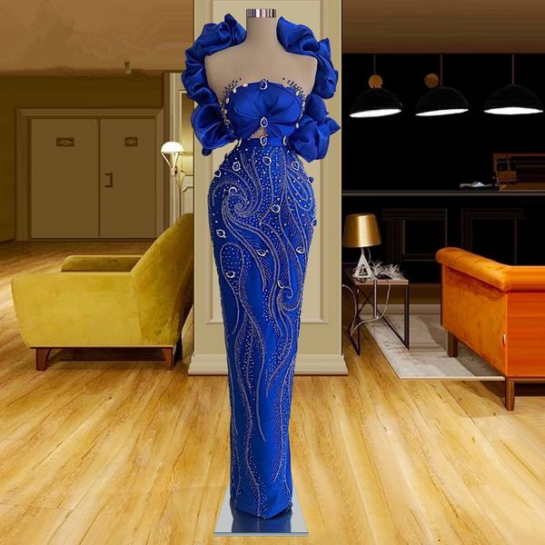 

shiny royal blue satin prom dresses sequined beaded party dresses mermaid sleeveless ruffles custom made evening dress, Black;red