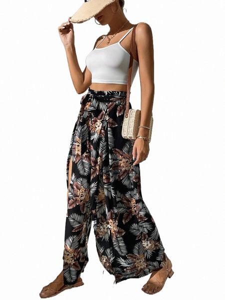 

two piece dress tall solid crop cami & tropical print split thigh belted pants 5622#, White