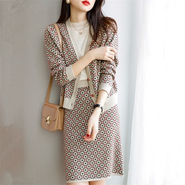 

two piece dress french vintage jacquard knitted suit women contrast color vneck single breasted short cardigan mini skirts sets chic outfit, White