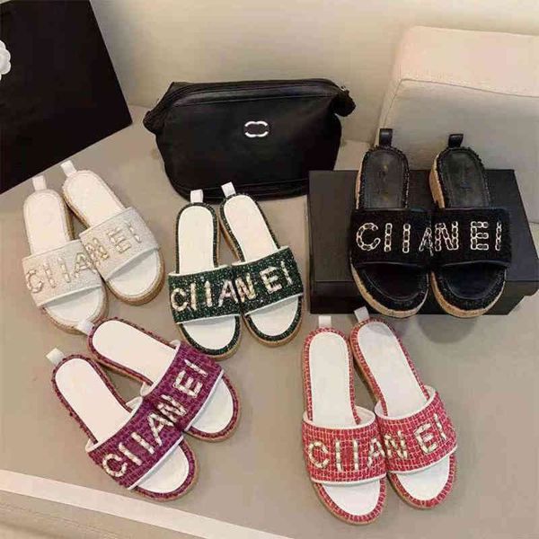 

slippers summer style small fragrance coarse tweed flat bottom slippers women's chain sandals wear outside, Black