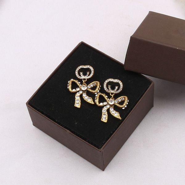 

gold plated brand designers double letters stud long eardrop bowknot geometric famous women crystal rhinestone pearl earring wedding, Golden;silver