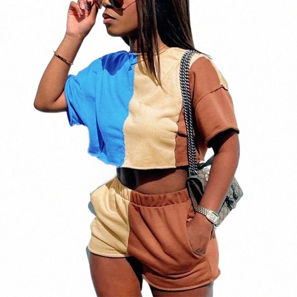 

women's tracksuits women's tracksuits patchwork crop shorts two piece set women panelled short-sleeved high waist short female su, Gray