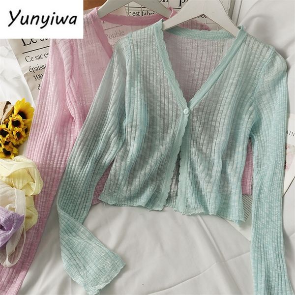 

women's knits tees knitted pink cardigans women summer sunscreen long sleeve cropped cardigan korean see through kimono fashion sweate, White