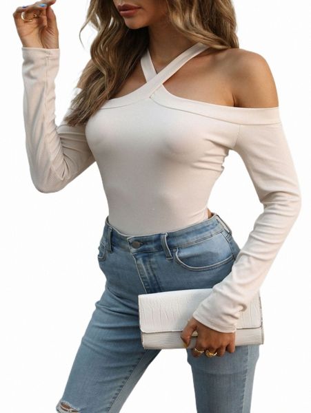 

women's t-shirt criss cross cold shoulder bodysuit g6tj#, White
