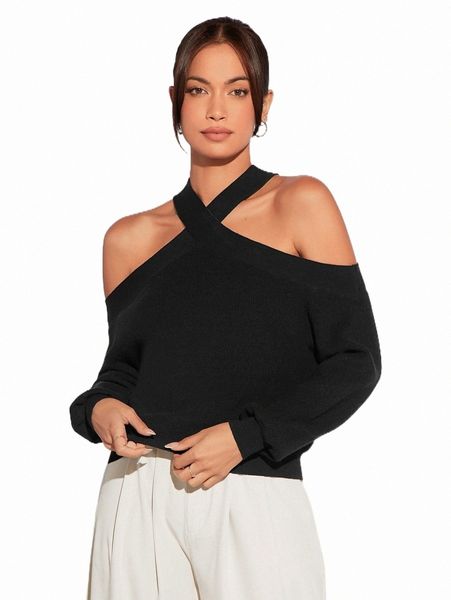 

women's sweaters cold shoulder ribbed knit sweater j9yi#, White;black
