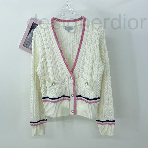 

women's knits & tees designer small fragrance autumn v-neck long sleeve fried dough twist double pocket sweater pink loose large v-neck, White