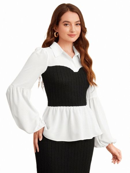 

women's blouses & shirts two tone lantern sleeve peplum f9cx#, White