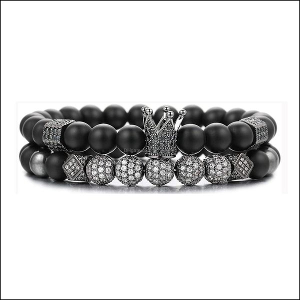 

beaded strands 2pcs couple friendship black matte beads bracelets 8mm onyx stone sets charm king crown for women men jewelry drop de dhbdh