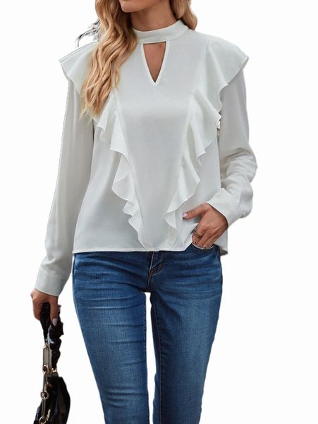 

women's blouses & shirts keyhole neckline ruffle trim blouse 8860#, White