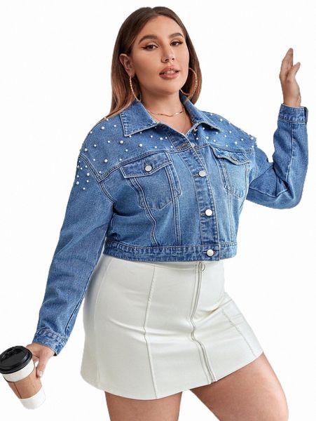 

women's jackets plus pearls beaded drop shoulder denim jacket o6ca#, Black;brown