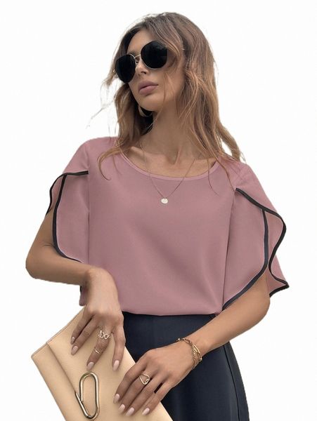 

women's blouses & shirts contrast binding petal sleeve blouse q2cb#, White