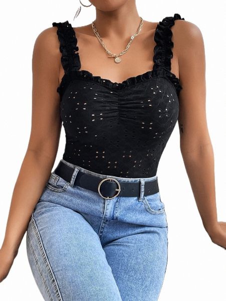 

women's tanks & camis frilled ruched eyelet embroidered cami s3yi#, White