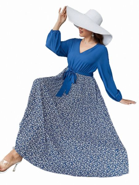 

plus size dresses plus ditsy floral print v neck belted dress 87k1#, Black